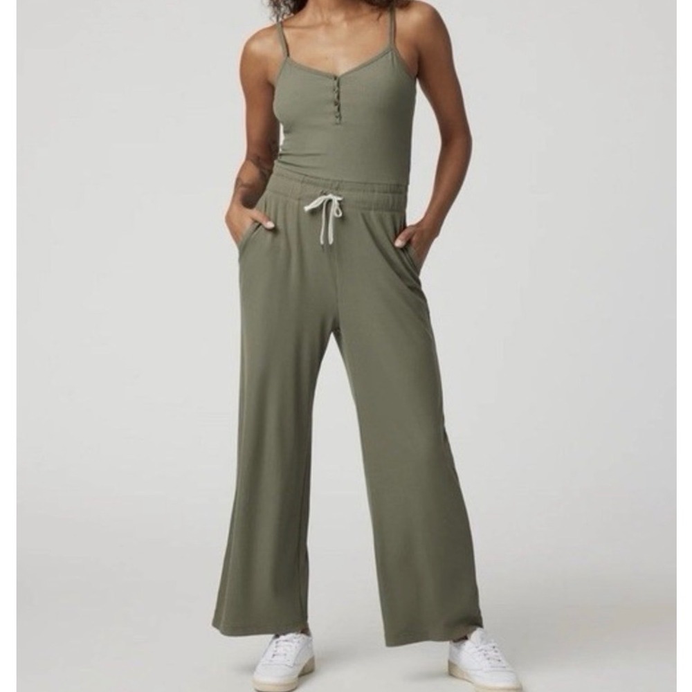 Vuori Pose Henley Jumpsuit Olive Green Ribbed Henley Wide Leg - Medium